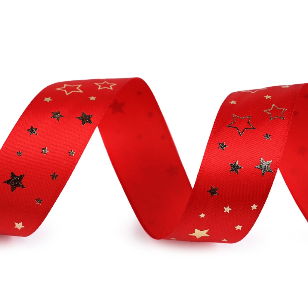 Vánoční saténová stuha hvězdy 25 mm – červená / zlaté hvězdy